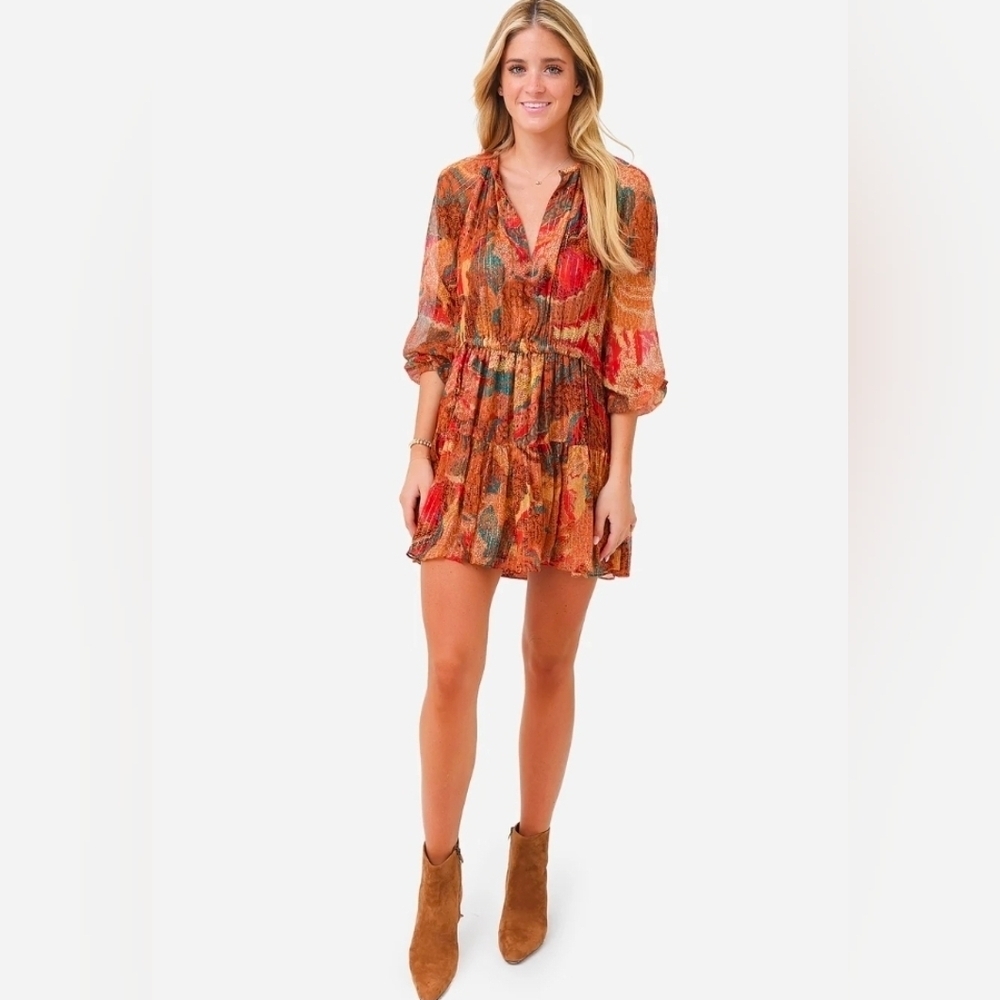 A.L.C. Orange Multi Print Long-Sleeve Mini Dress